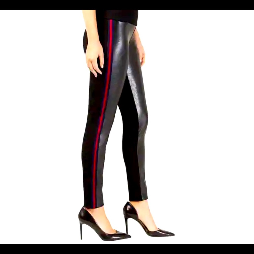 I-N-C Womens Faux-Leather Casual Leggings-10. Black, Red, and Blue Stripe
